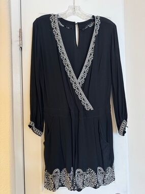 LOFT Black Romper with White Embroidered Trim
